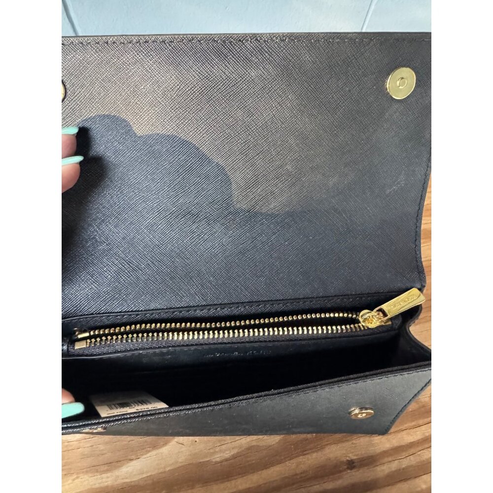 Michael Kors Black Leather Jet Set Travel Clutch Crossbody Bag With Gold Chain S - Picture 4 of 10
